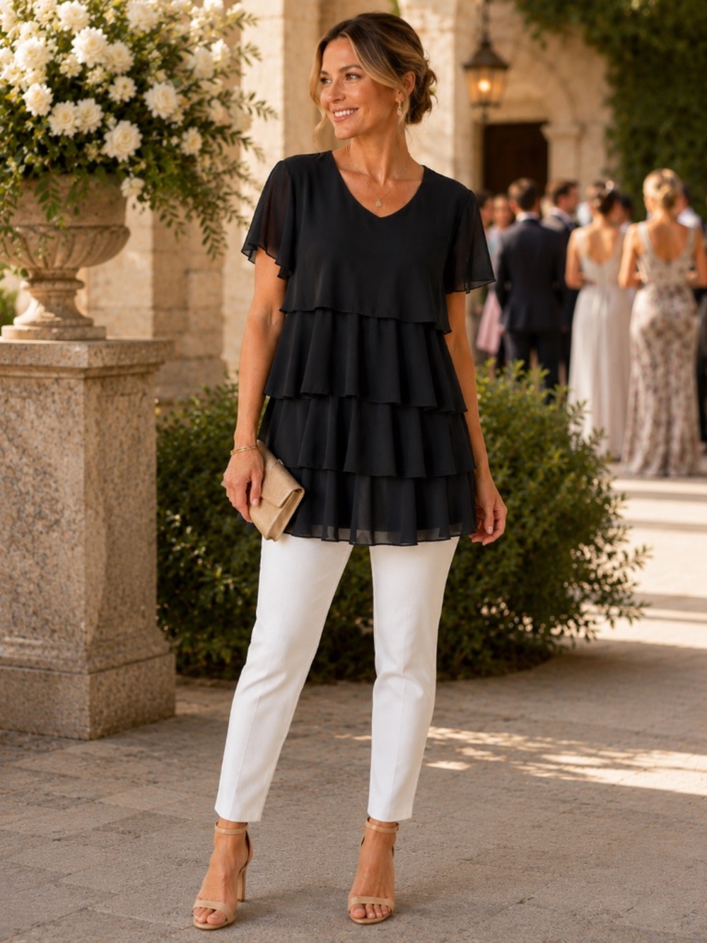 Black tunic/top XXL tiered flutter sleeves wedding guest event date night